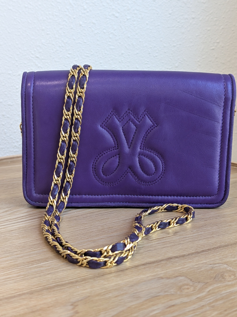 Vintage Jay Herbert Purple Leather Shoulder Bag Gold Chain And Woven Leather
